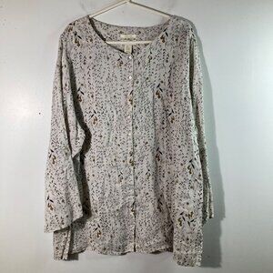 Womens Cynthia Rowley Linen Floral Button Tunic Roll tab Sleeve 3X‎ Cream Green